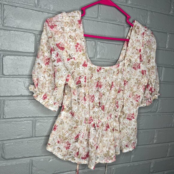 Lulumari Floral Eyelet Corset Style Puff Sleeve Chiffon Semi Sheer Blouse Med - Picture 7 of 12
